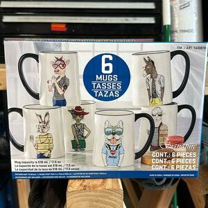 6 mugs 17.5oz capacity hipster animals NWT